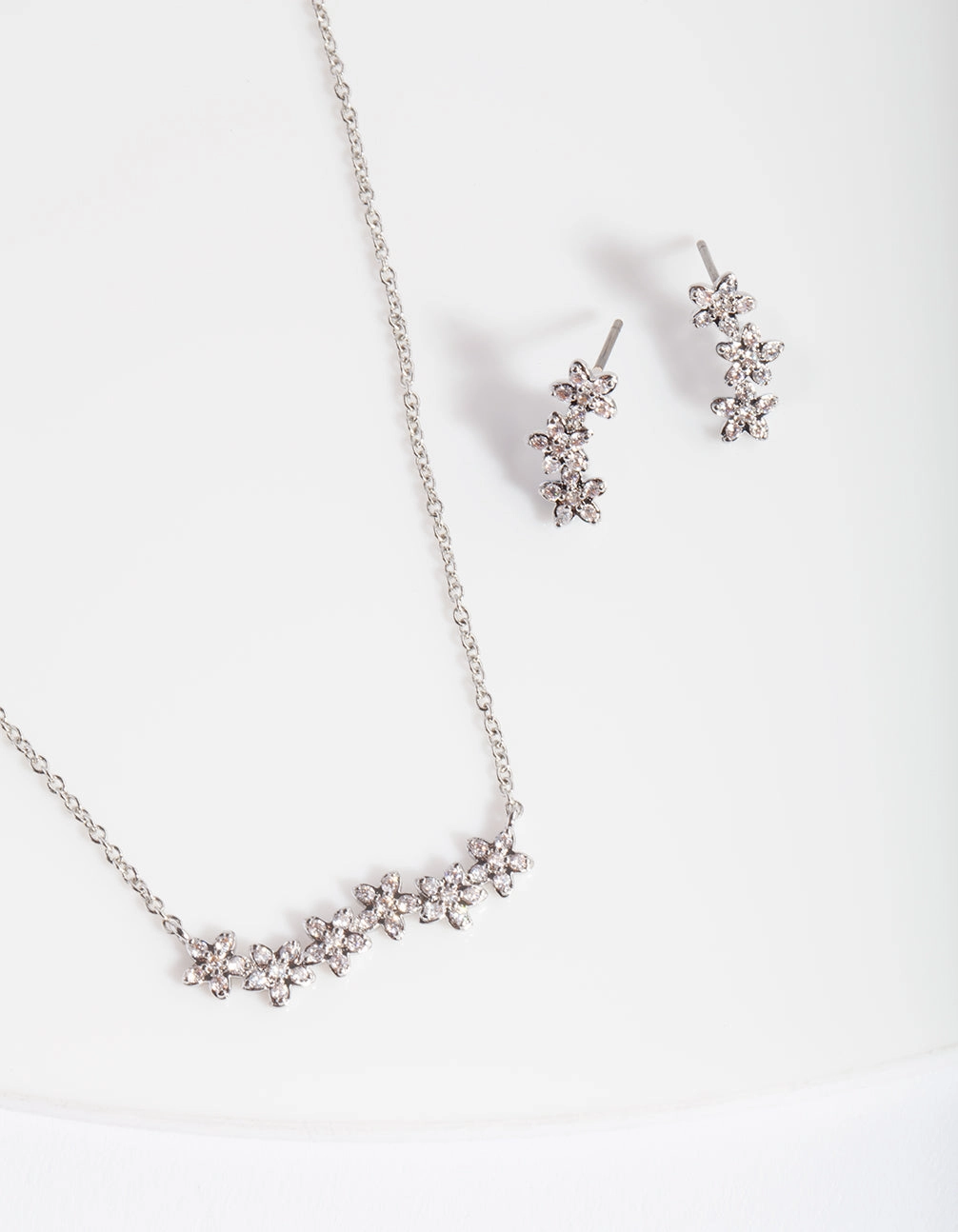 Silver Diamond Simulant Flower Cluster Necklace & Earrings Set Textile Shine