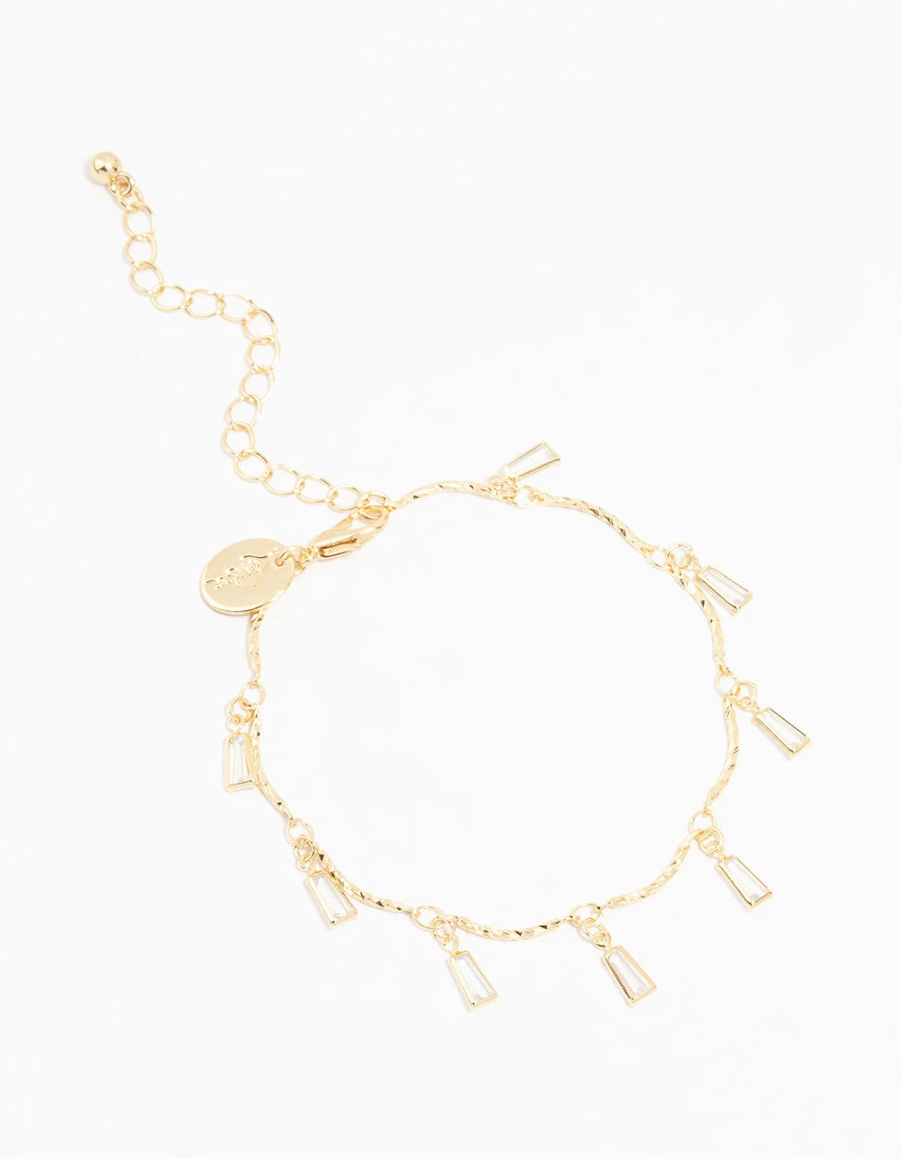 Communal Symbol Hemispheric Fashion Gold Plated Brass Cubic Zirconia Baguette Charm Bracelet