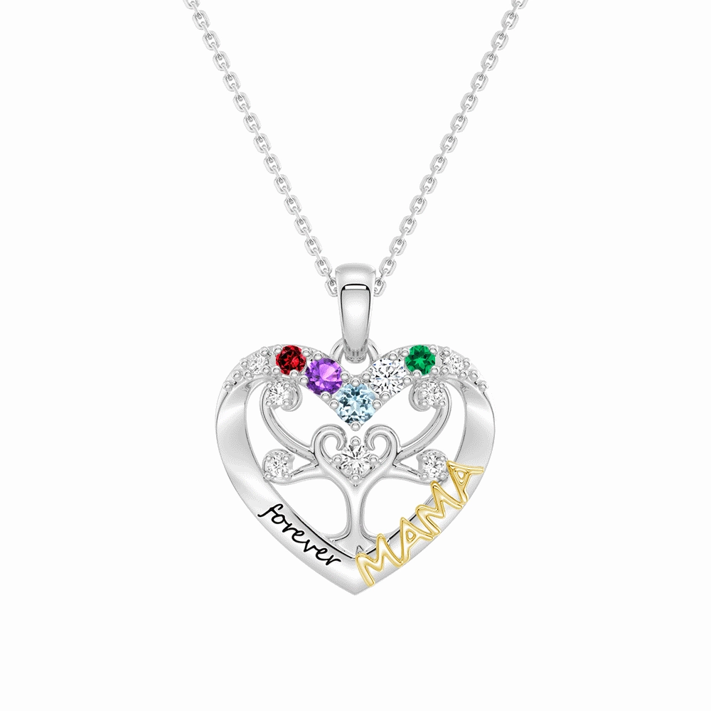 Custom Birthstone Heart Tree Necklace ?C "Forever MAMA" Pendant Fashion Detail