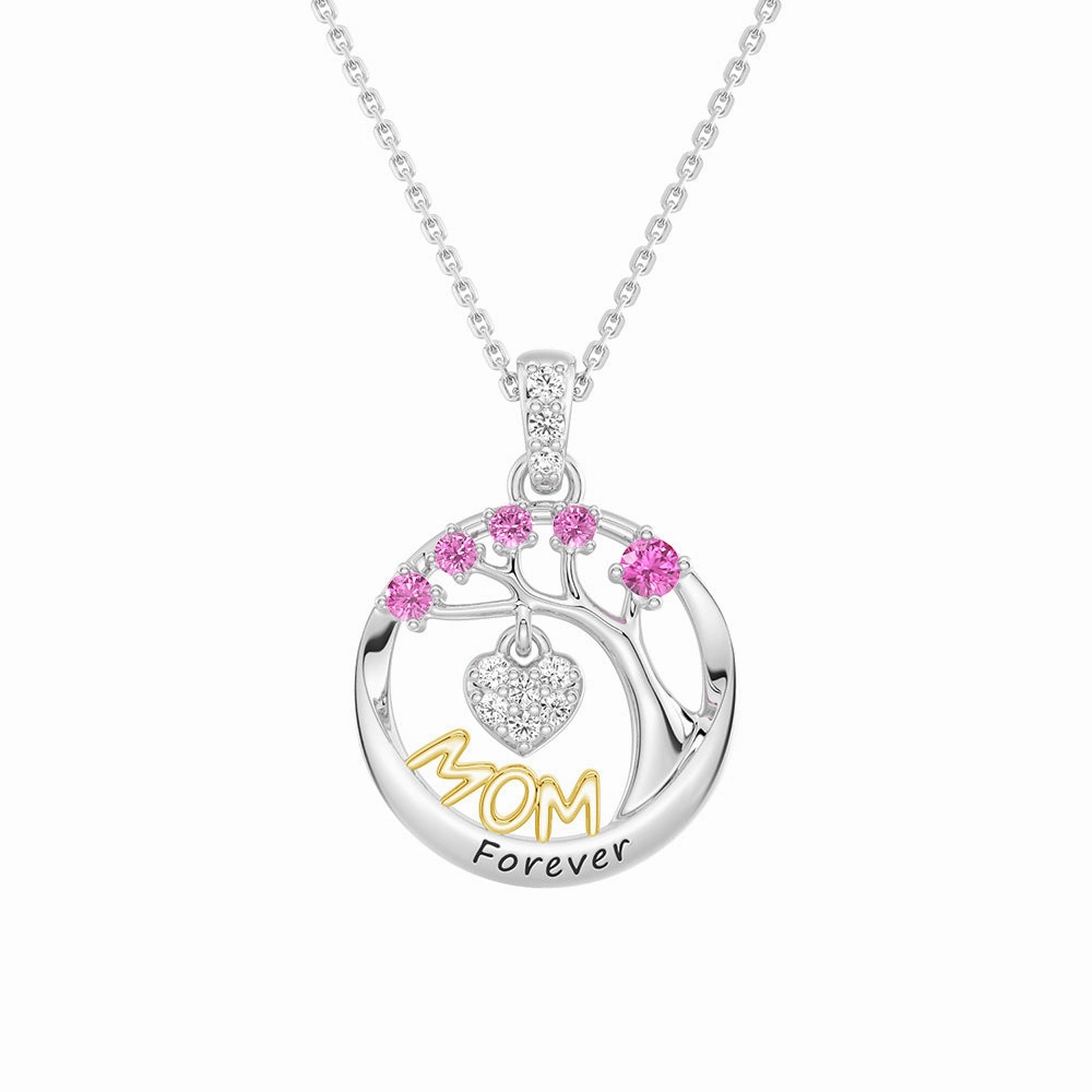 Custom Birthstone "Mom Forever" Tree of Life Necklace with Heart Pendant Statement Highlight