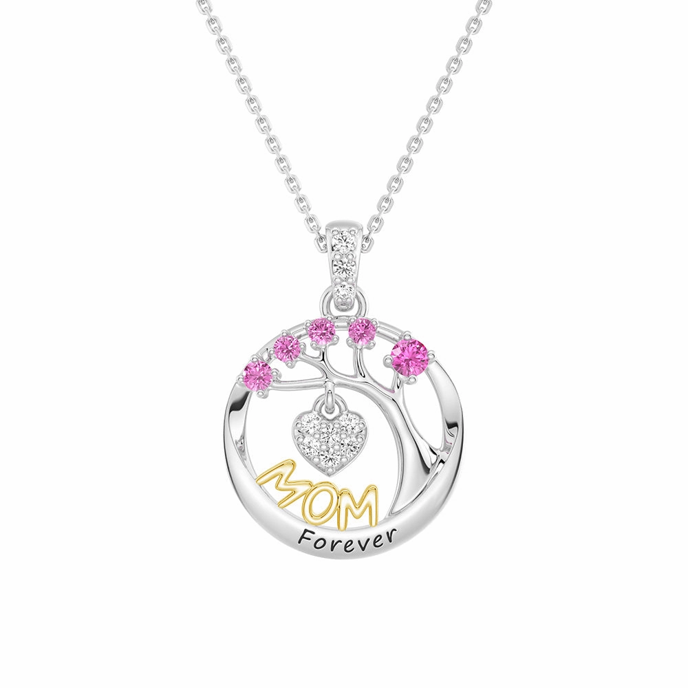 Custom Birthstone "Mom Forever" Tree of Life Necklace with Heart Pendant Weekend Accent