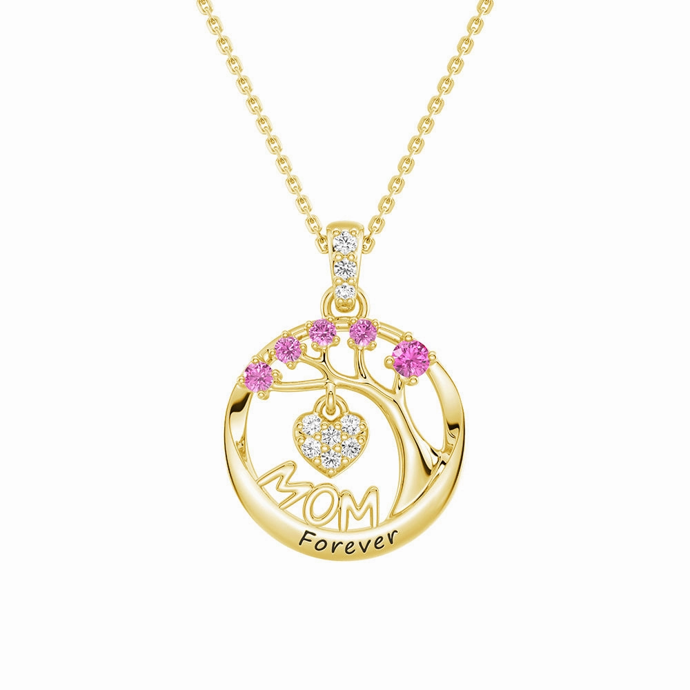 Custom Birthstone "Mom Forever" Tree of Life Necklace with Heart Pendant Delicate Detail