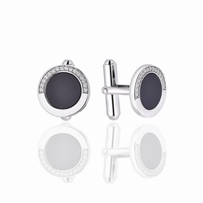 Simple Touch Sterling Silver and Black Onyx Half Micropave Bezel Round Cufflinks