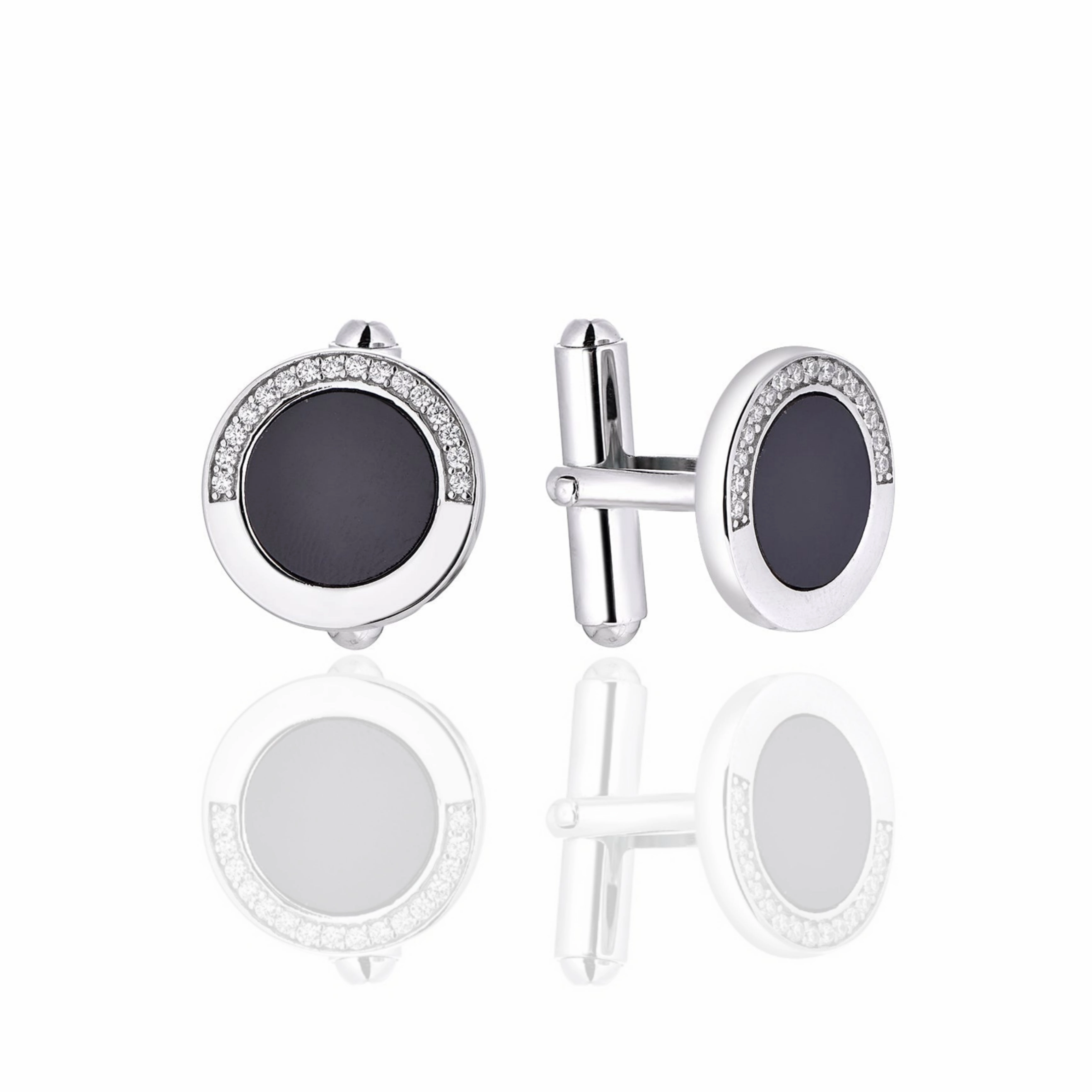 Simple Touch Sterling Silver and Black Onyx Half Micropave Bezel Round Cufflinks