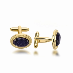 Classic Lines Gold-plated Oval Cufflinks with Sparkled Navy Center Stone