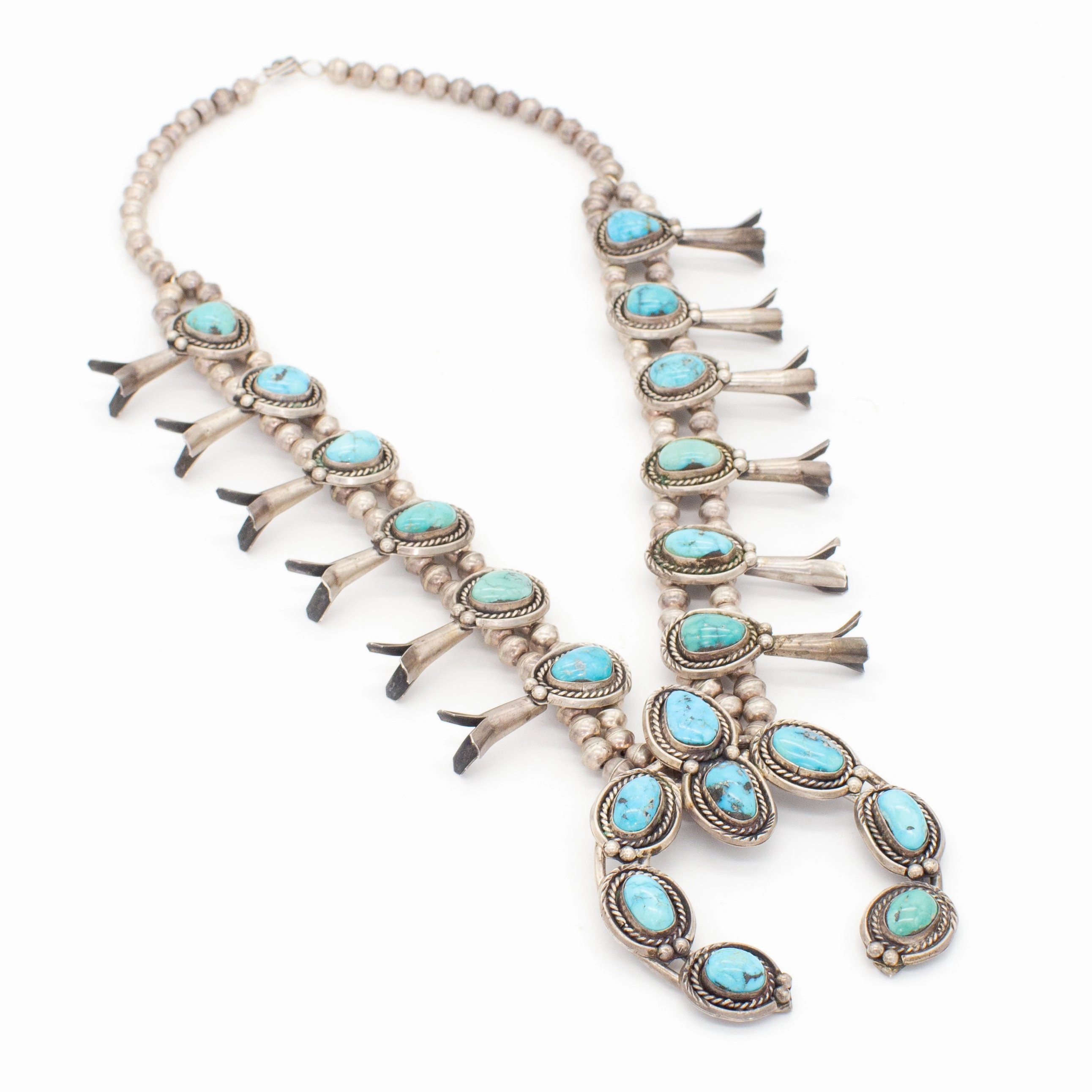 Sterling Silver Turquoise Squash Blossom Necklace Hallmark Unknown elegant design