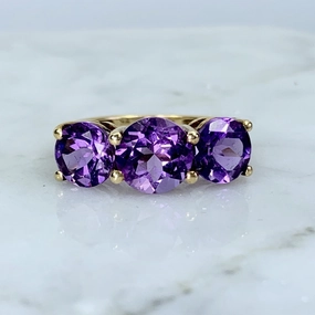 1970s Amethyst Ring with Three Bright Purple Gemstones set in Yellow Gold. February Birthstone. Morning Light