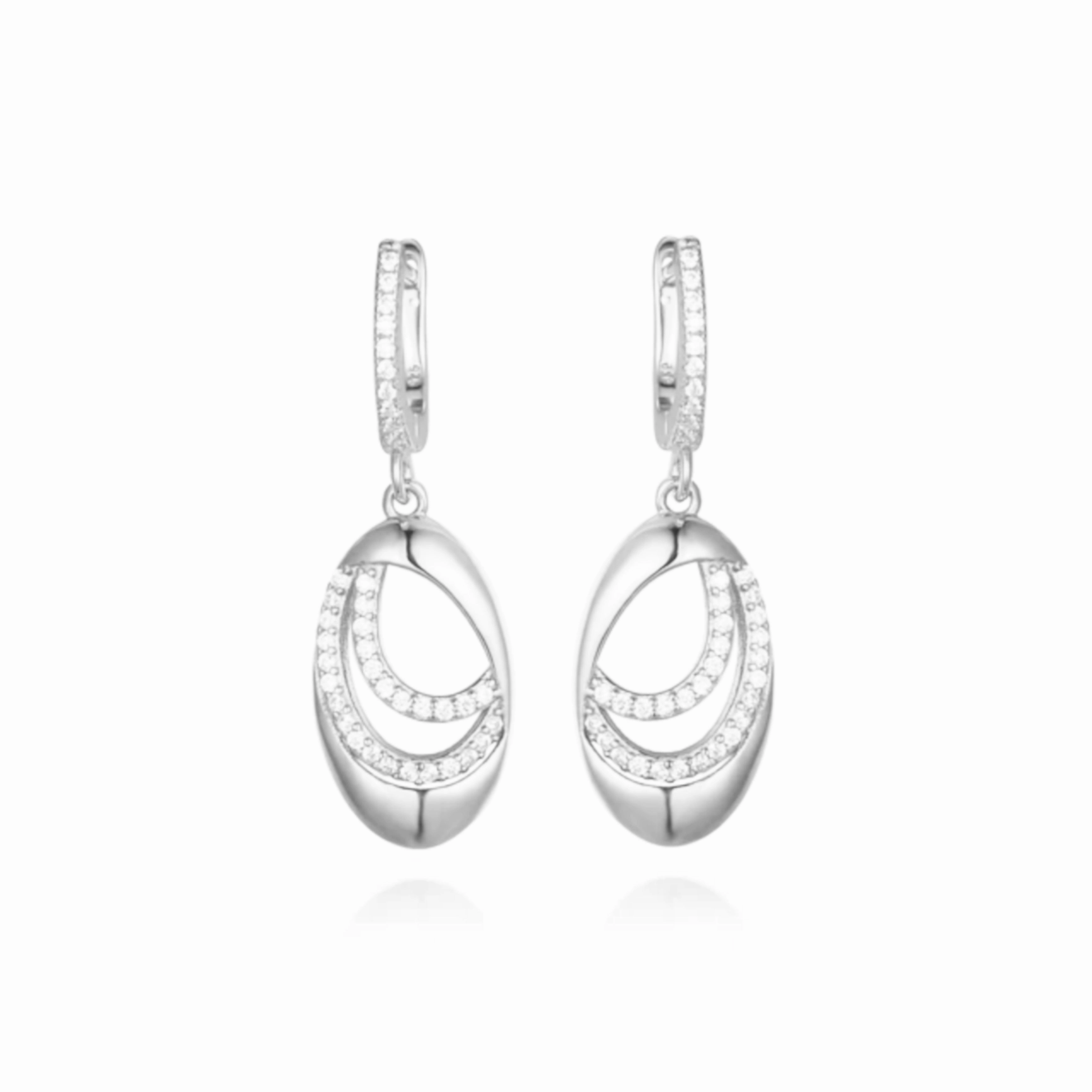 Sterling Silver Oval With Two Curved Lines of CZs Earrings Sparkling Edge Radiant Texture