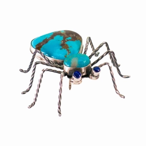 Herbert Ration Navajo Handmade 925 Sterling Silver Turquoise Spider Pin (Lapis Eyes) Graceful Finish