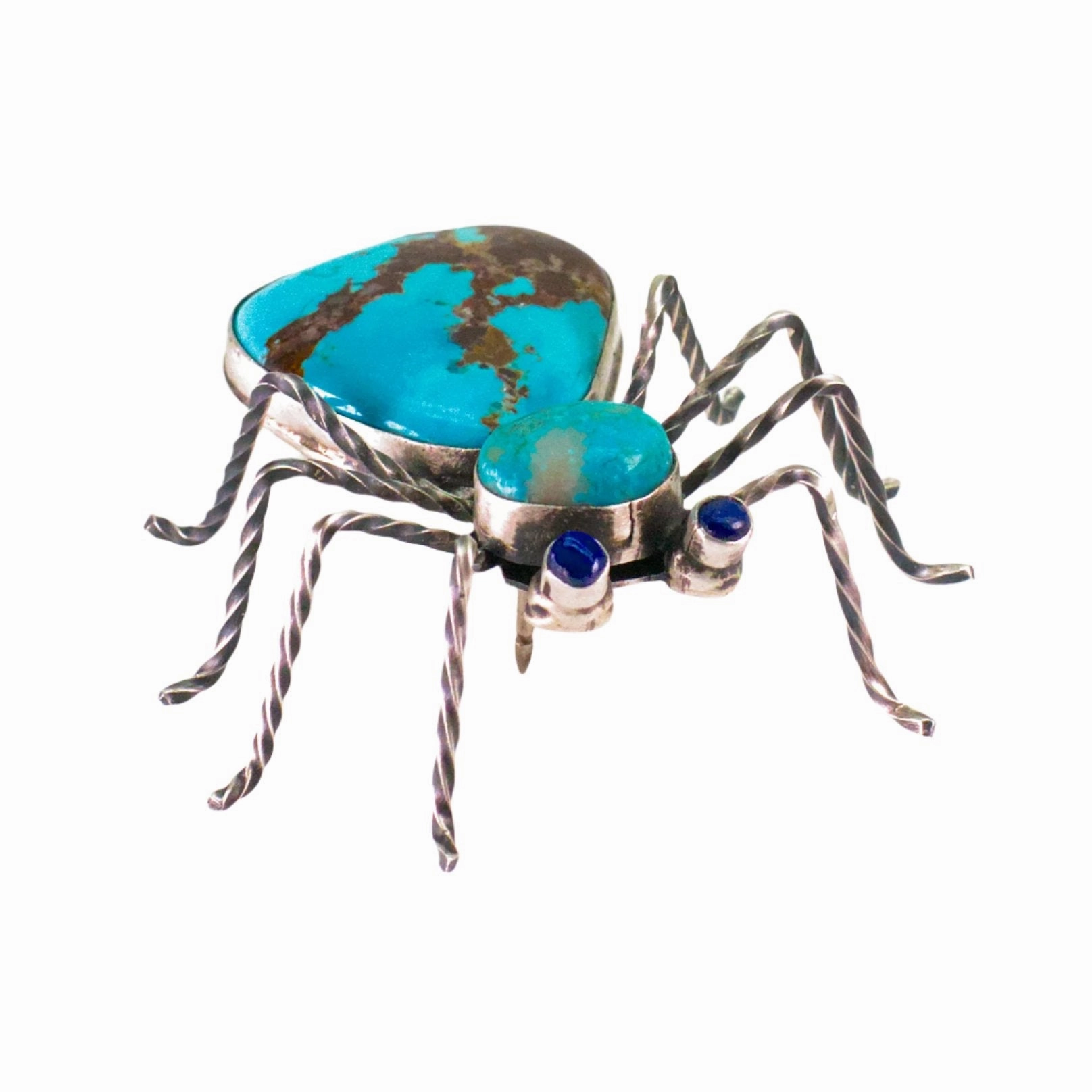 Herbert Ration Navajo Handmade 925 Sterling Silver Turquoise Spider Pin (Lapis Eyes) Graceful Finish