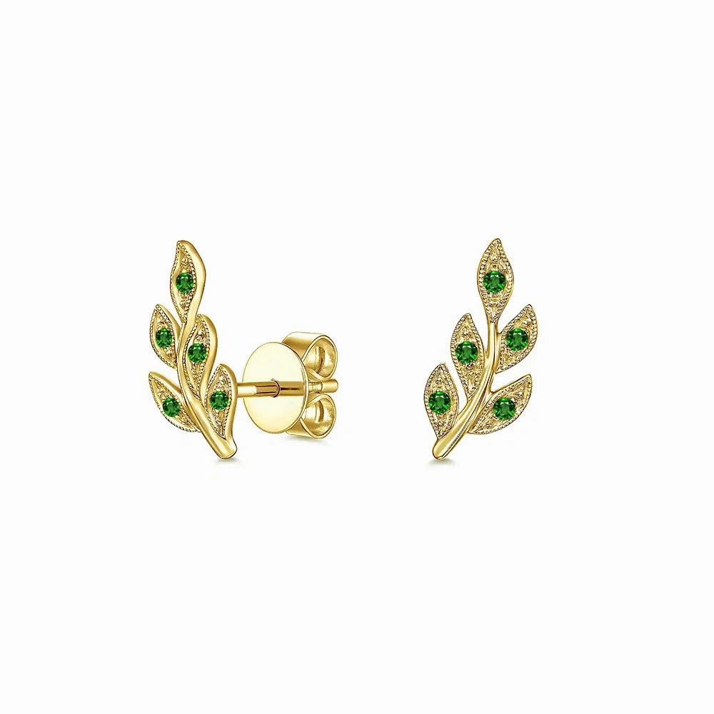 Couture Botanical Foliage Lab Grown Emerald Stud Earrings Dainty Sparkle Handcrafted Design