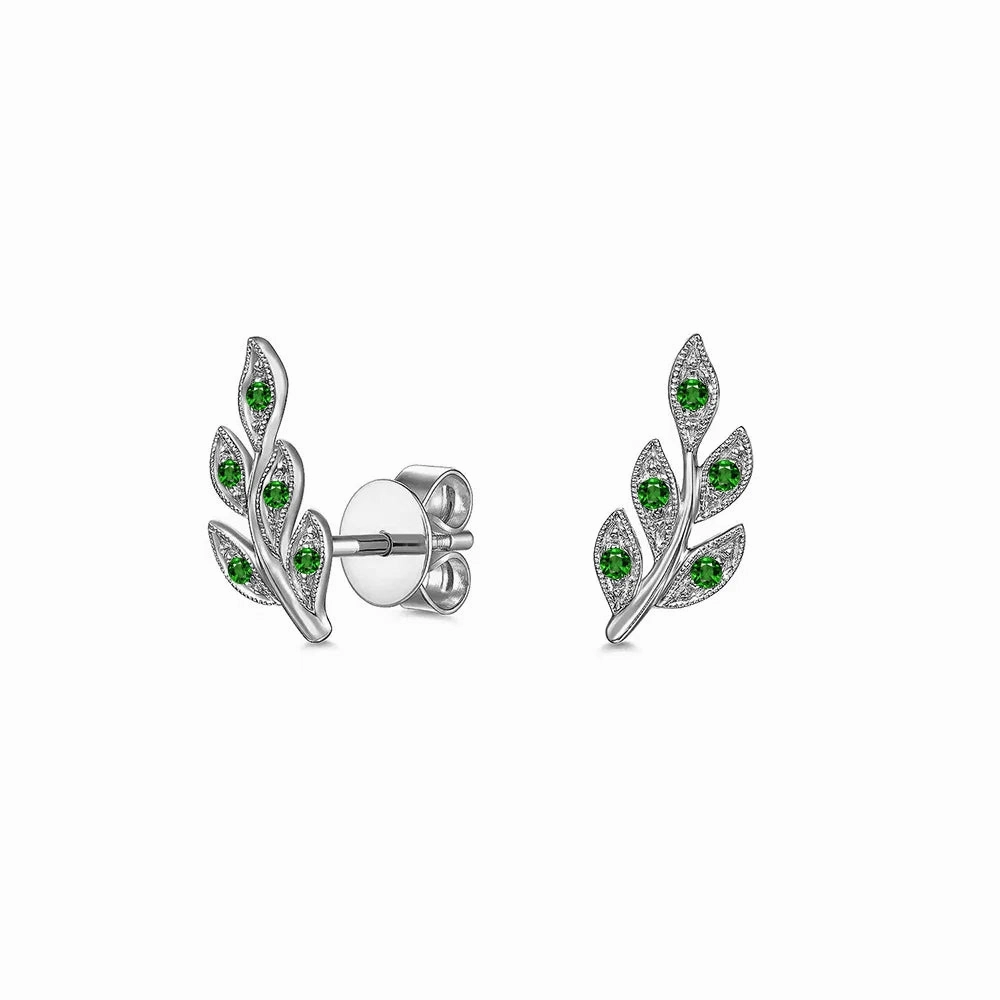 Couture Botanical Foliage Lab Grown Emerald Stud Earrings Light Radiance
