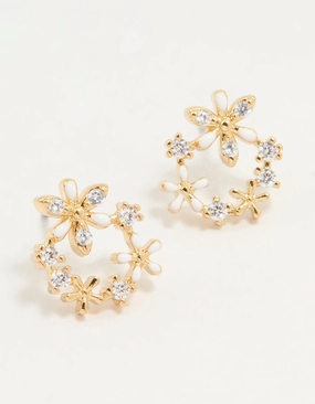 Gold Plated Cubic Zirconia Flower Wreath Stud Earrings Weekend Style