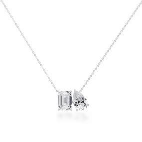 14K  Emerald Cut and Pear Shaped Two Stone Lab Grown Diamond Necklace Exclusive piece Charming Jewelry Design