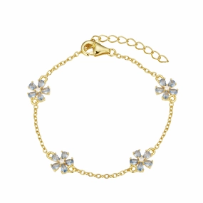 Smooth Accent Sterling Silver Gold Plated CZ Flower Station Bracelet