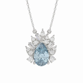 14K WHITE GOLD CRAFTED WITH 18K YELLOW GOLD BACK PLATE 1 1/4CT ROUND/BLUE PEAR/BAGUETTE DIAMOND LADIES NECKLACE WITH CHAIN Distinctive Sparkle