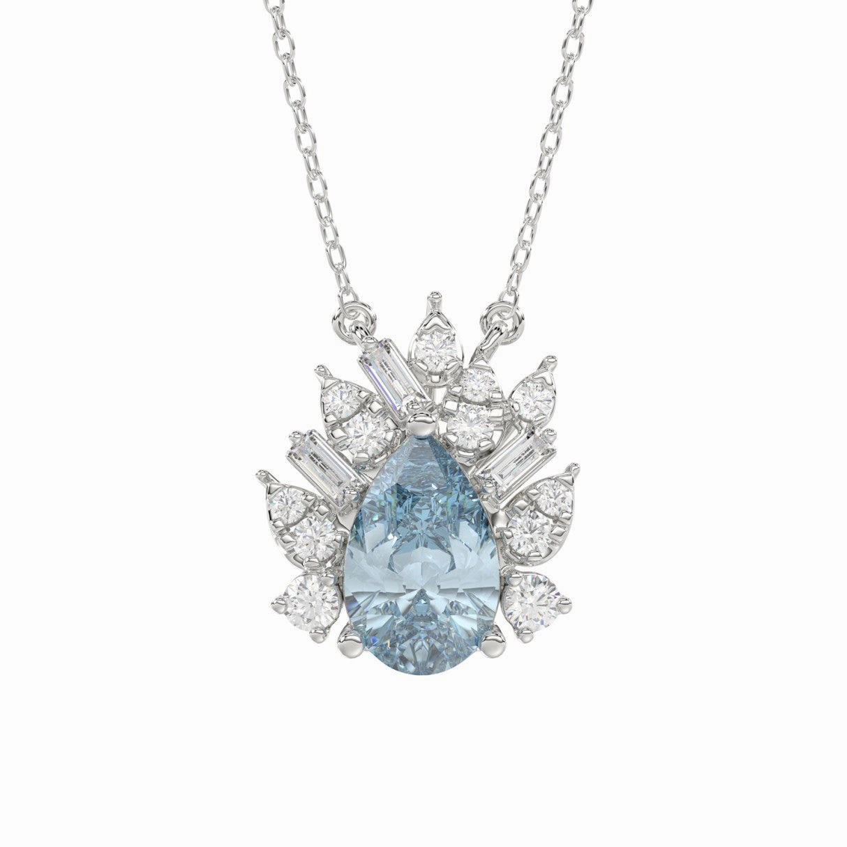 14K WHITE GOLD CRAFTED WITH 18K YELLOW GOLD BACK PLATE 1 1/4CT ROUND/BLUE PEAR/BAGUETTE DIAMOND LADIES NECKLACE WITH CHAIN Distinctive Sparkle