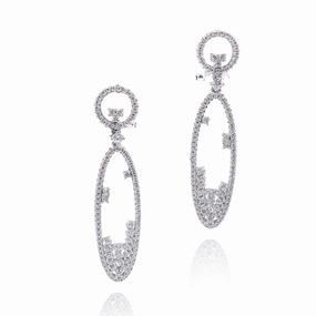 Rhodium Plated Sterling Silver Long Micro Pave CZ Oval Earrings Romantic Present Detail Pop