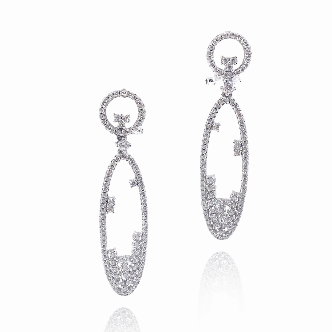 Rhodium Plated Sterling Silver Long Micro Pave CZ Oval Earrings Romantic Present Detail Pop