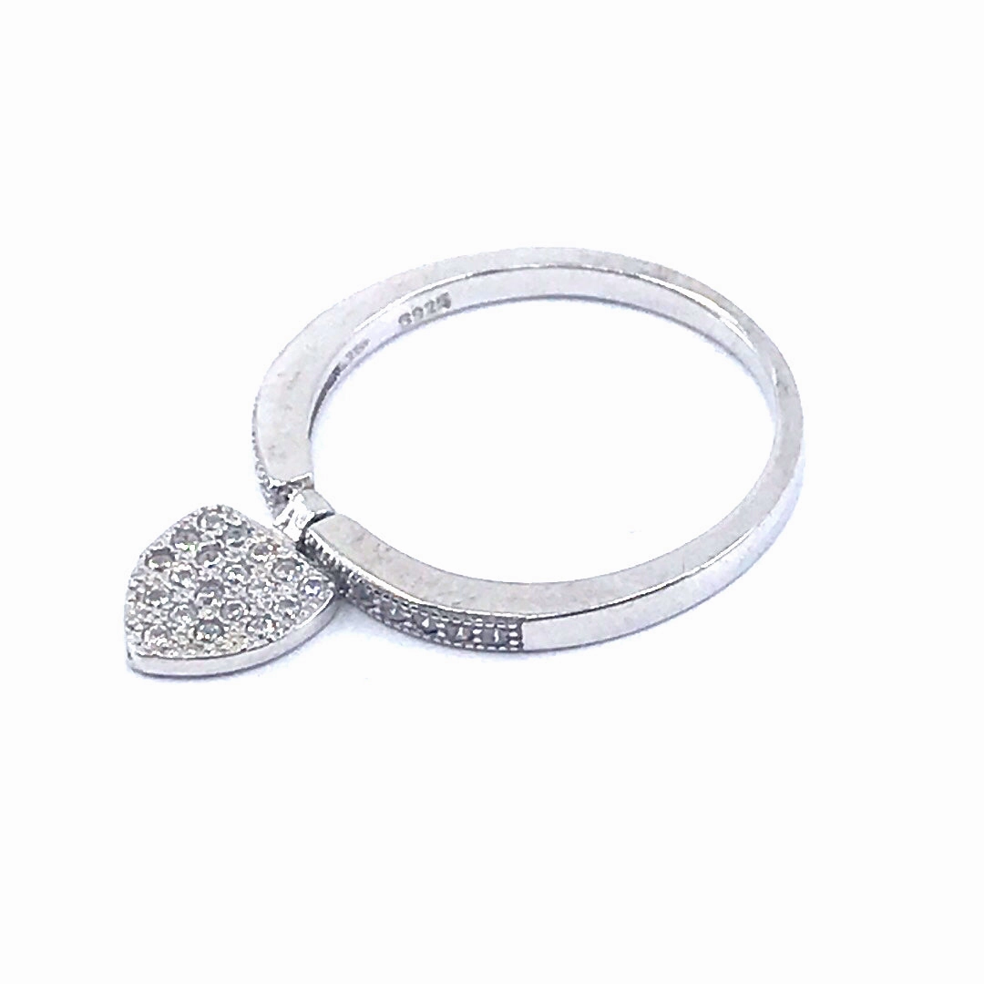 Rhodium Plated Sterling Silver Ring with Hanging Micropave Heart Stylish Outfit Starry Look