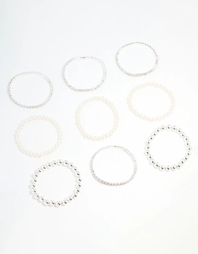 Unlimited Mixes Silver Diamante & Pearl Ball Bracelets 9-Pack