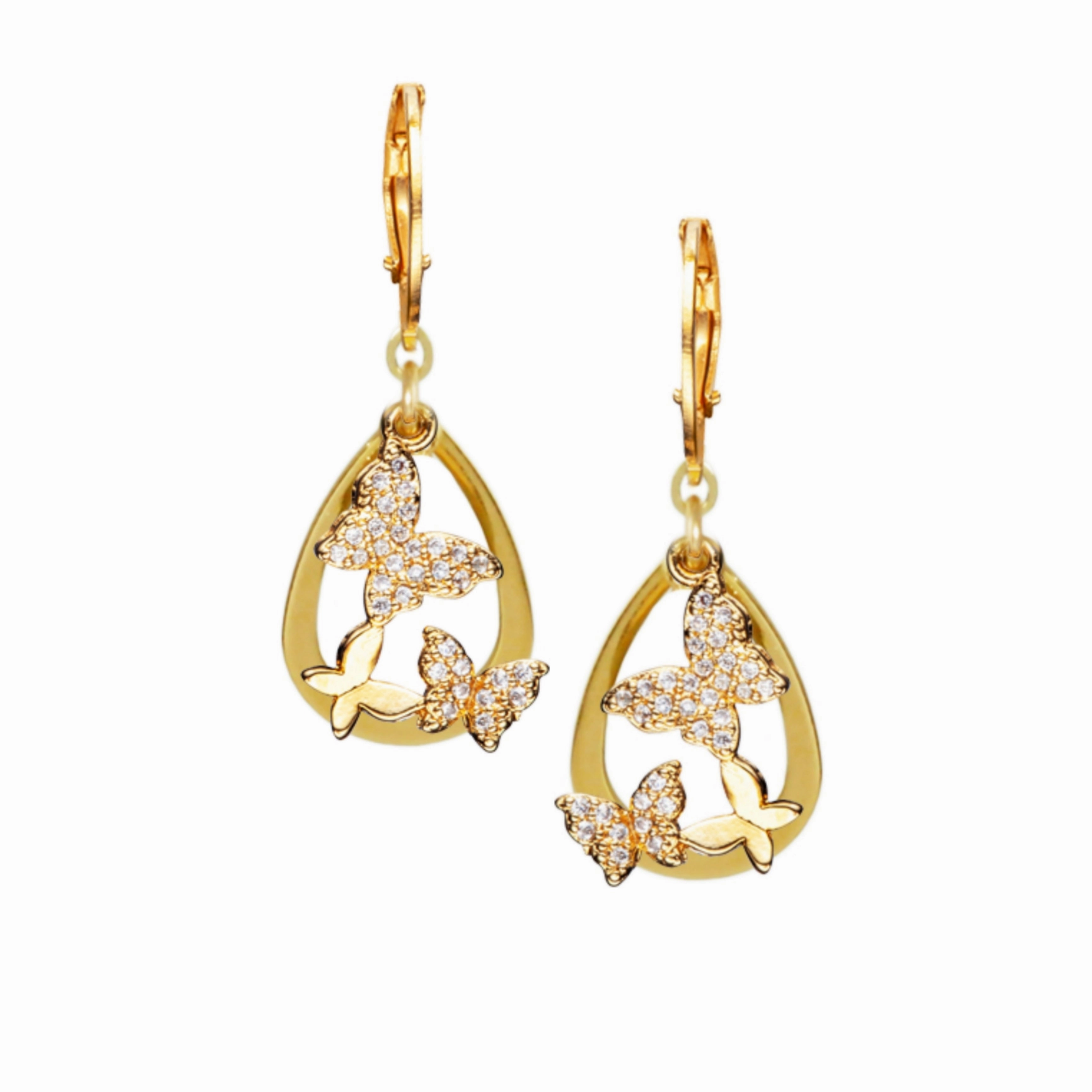 Delicate Charm Surgical Steel Open Teardrop With CZ Butterflies Earring