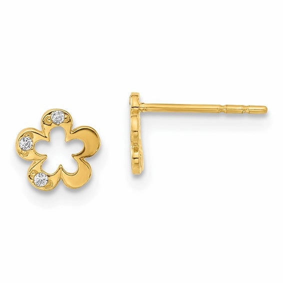14k Gold Childrens Polished CZ Flower Post Earrings Charming Sparkle