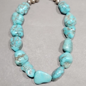 Turquoise Nugget  Sterling Silver Necklace - Handmade Native American Refined Elegance Casual Look