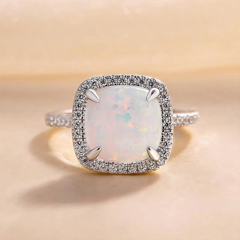 Minimal Gift Traditional Emblem Louily Unique Halo Cushion Cut Opal Stone Engagement Ring In Sterling Silver