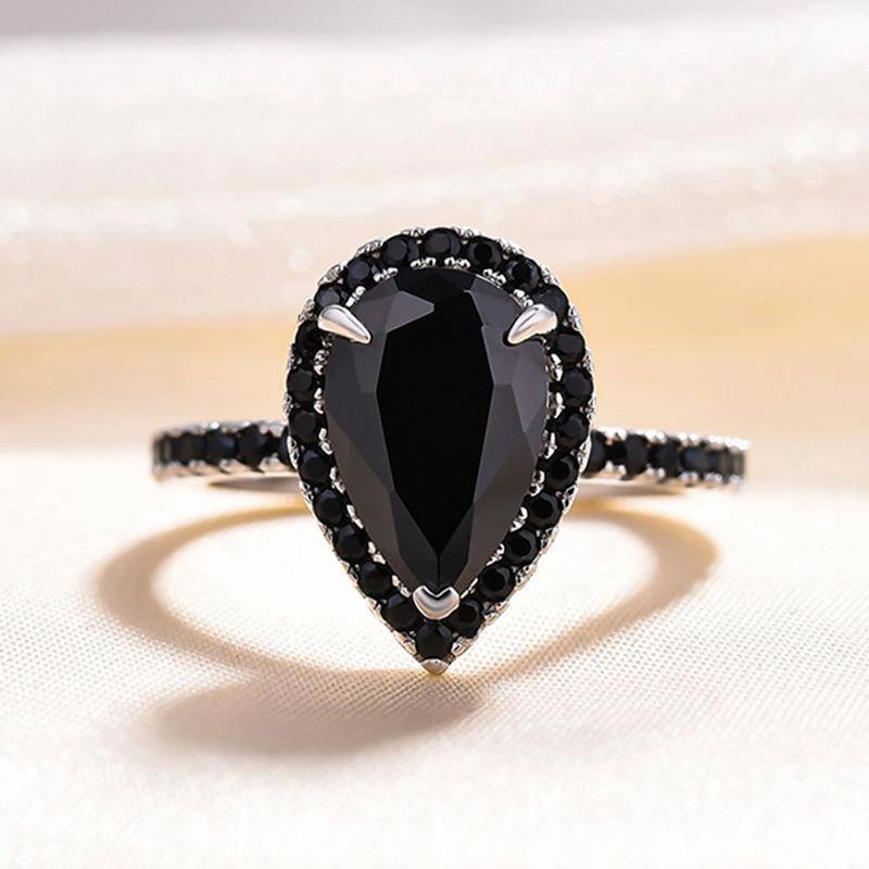 Hand Finished Louily Unique Pear Cut Halo Black Diamond Engagement Ring In Sterling Silver
