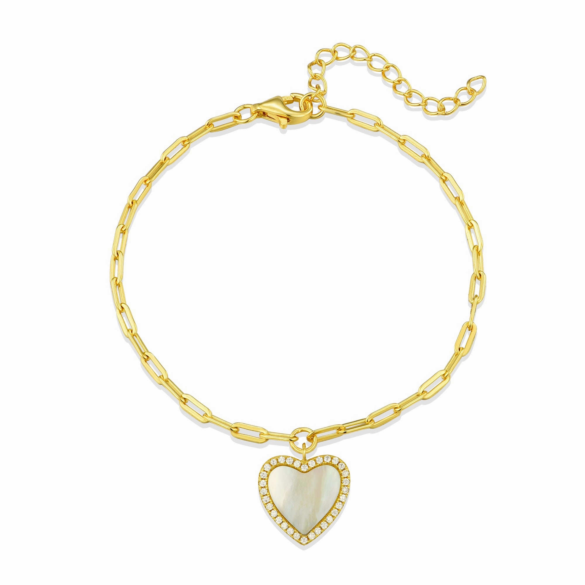 Vibrant Finish Glamorous Edge Gold Plated Sterling Silver Mother Of Pearl Heart On Paperclip Chain Bracelet