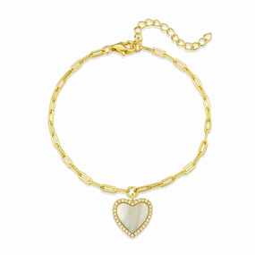 Vibrant Finish Glamorous Edge Gold Plated Sterling Silver Mother Of Pearl Heart On Paperclip Chain Bracelet