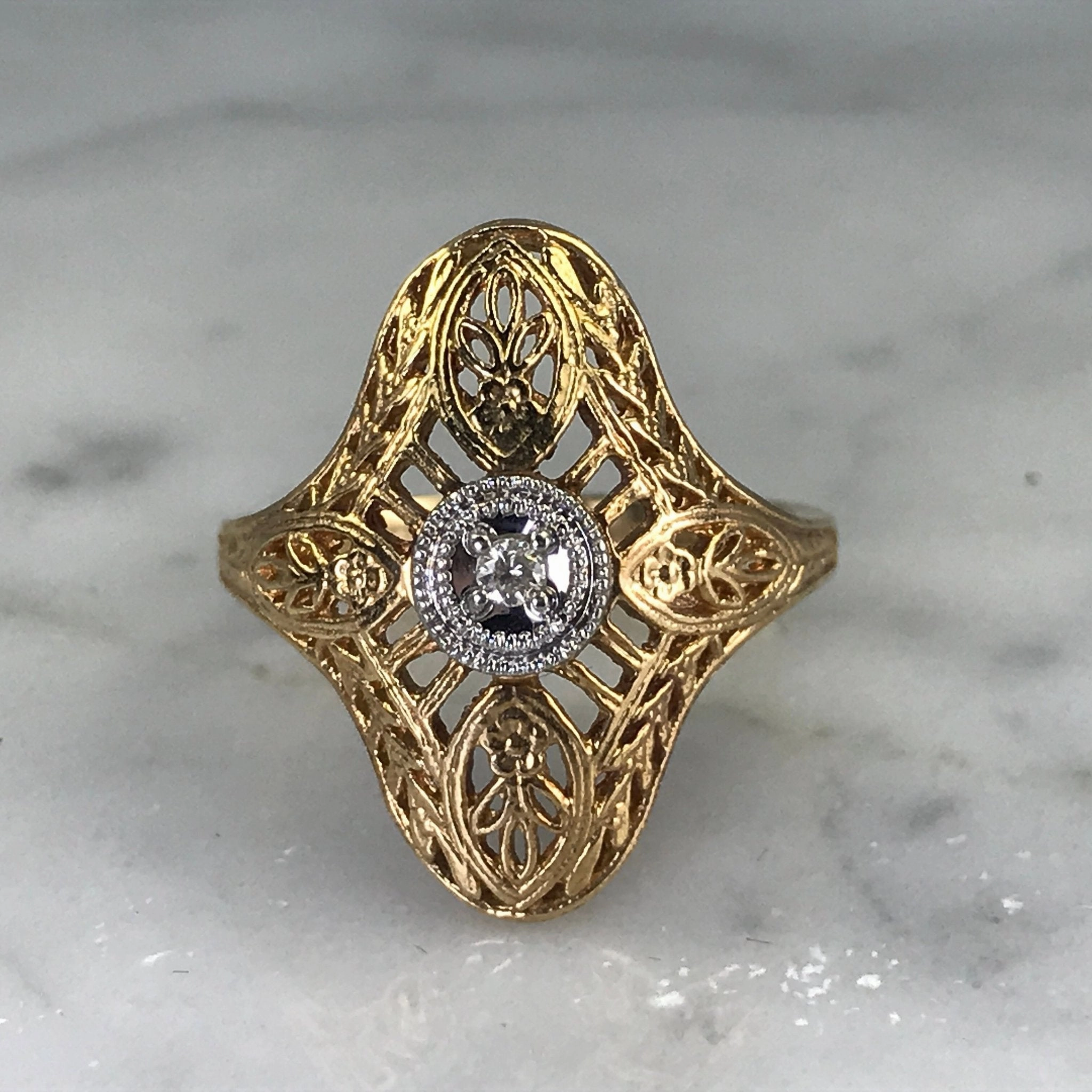Vibrant Piece Diamond Shield Ring. 10K Gold. Art Nouveau Filigree. April Birthstone. 10 Year Anniversary.