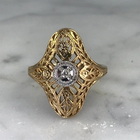 Vibrant Piece Diamond Shield Ring. 10K Gold. Art Nouveau Filigree. April Birthstone. 10 Year Anniversary.