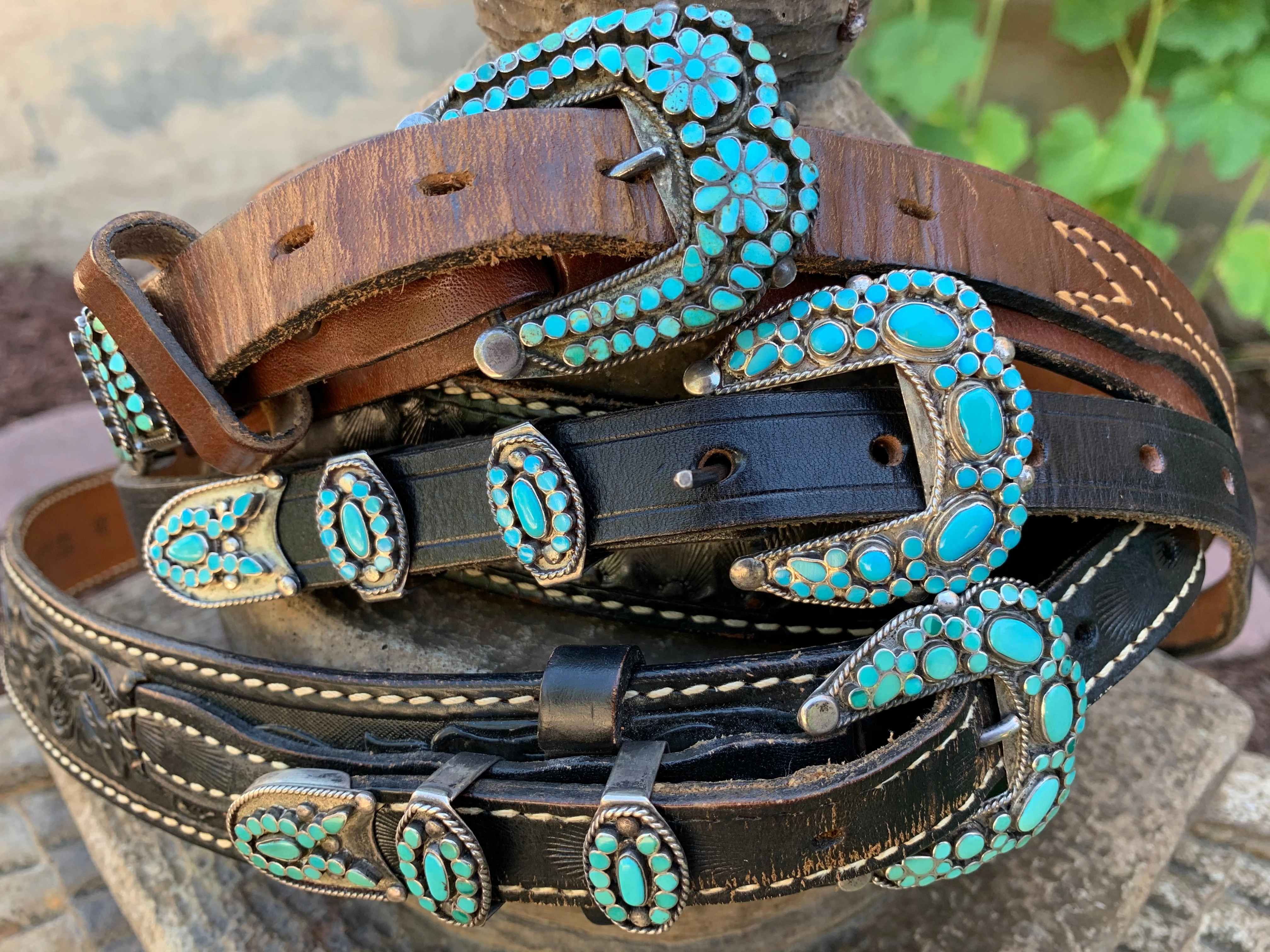 everyday elegance Dishta Zuni Turquoise Sterling Silver Ranger Belts  set of 3 Belts