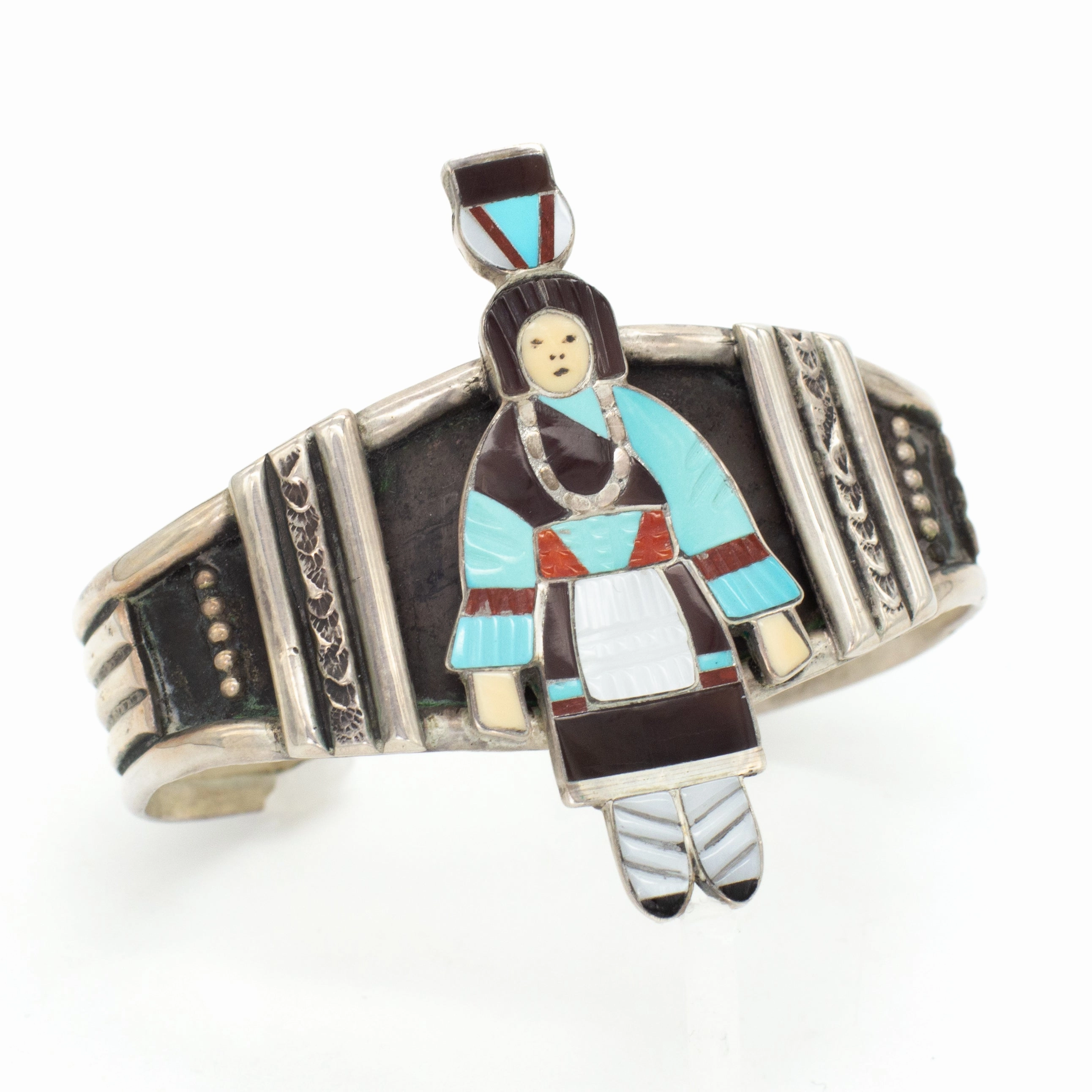 Effortless Accent Handmade Design Madeline Beyuka Zuni Handmade Olla Maiden Sterling Silver Inlay Cuff Bracelet