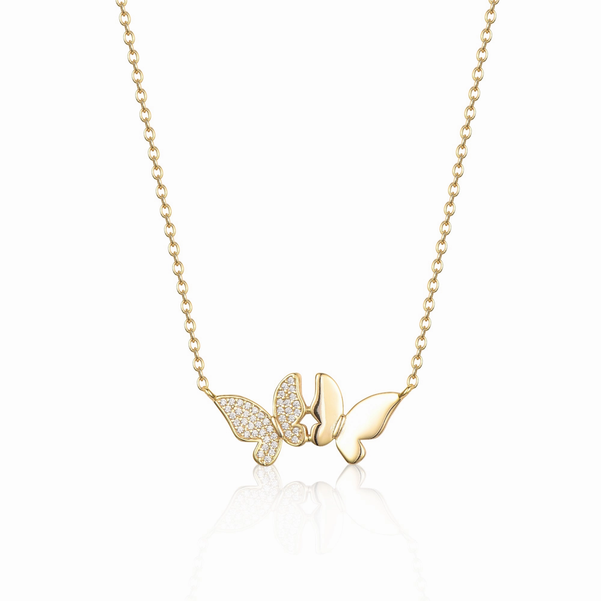 Sterling Silver Gold Plated Double Butterfly With CZ Necklace Elegant Layer