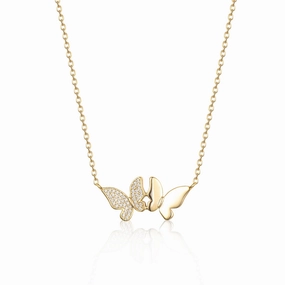 Sterling Silver Gold Plated Double Butterfly With CZ Necklace Elegant Layer
