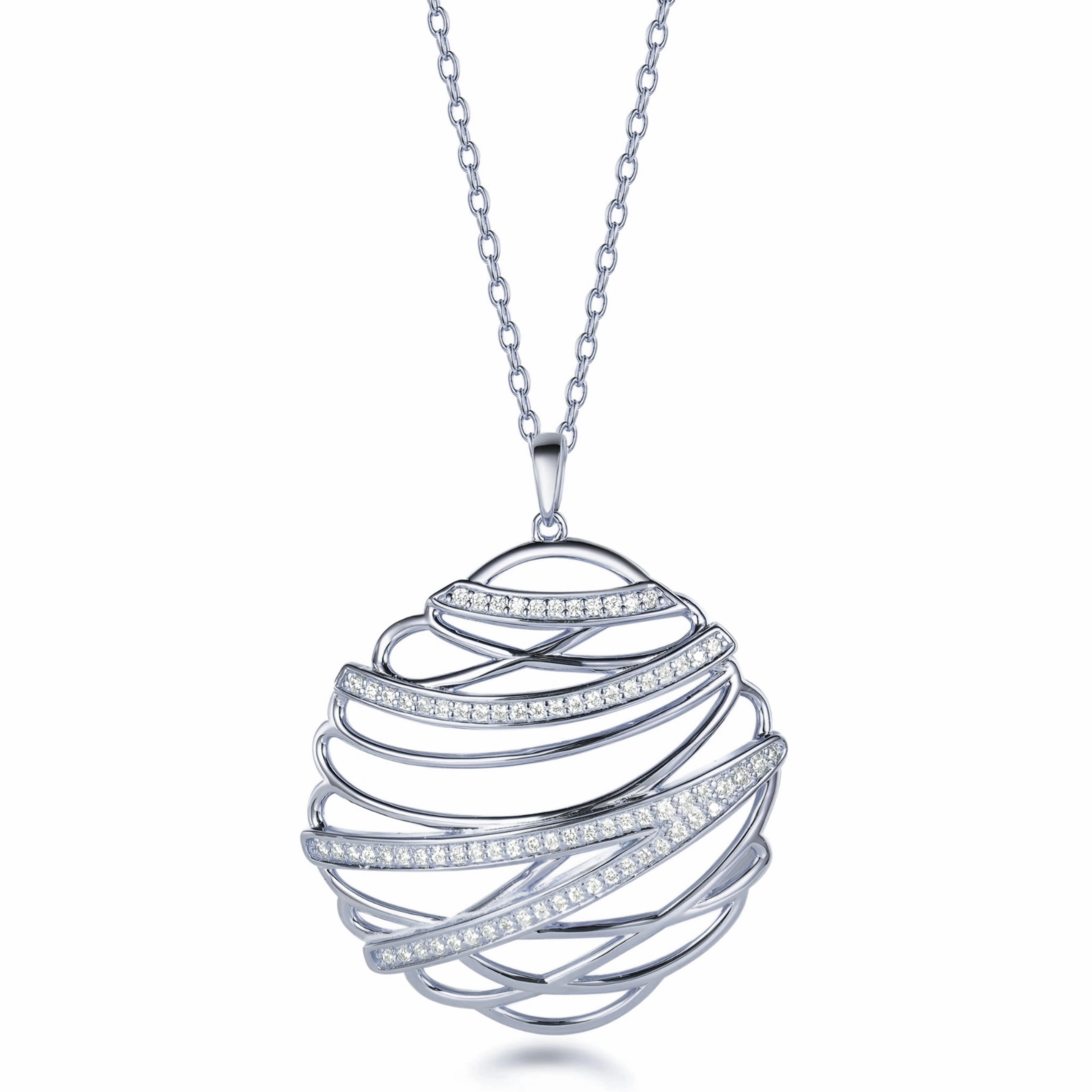 Neutral Glow Sterling Silver Overlapping Curved Lines Micropave  Pendant Necklace