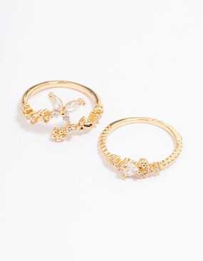 Vibrant Form Mood Accent Gold Plated Floral Stone Ring Pack