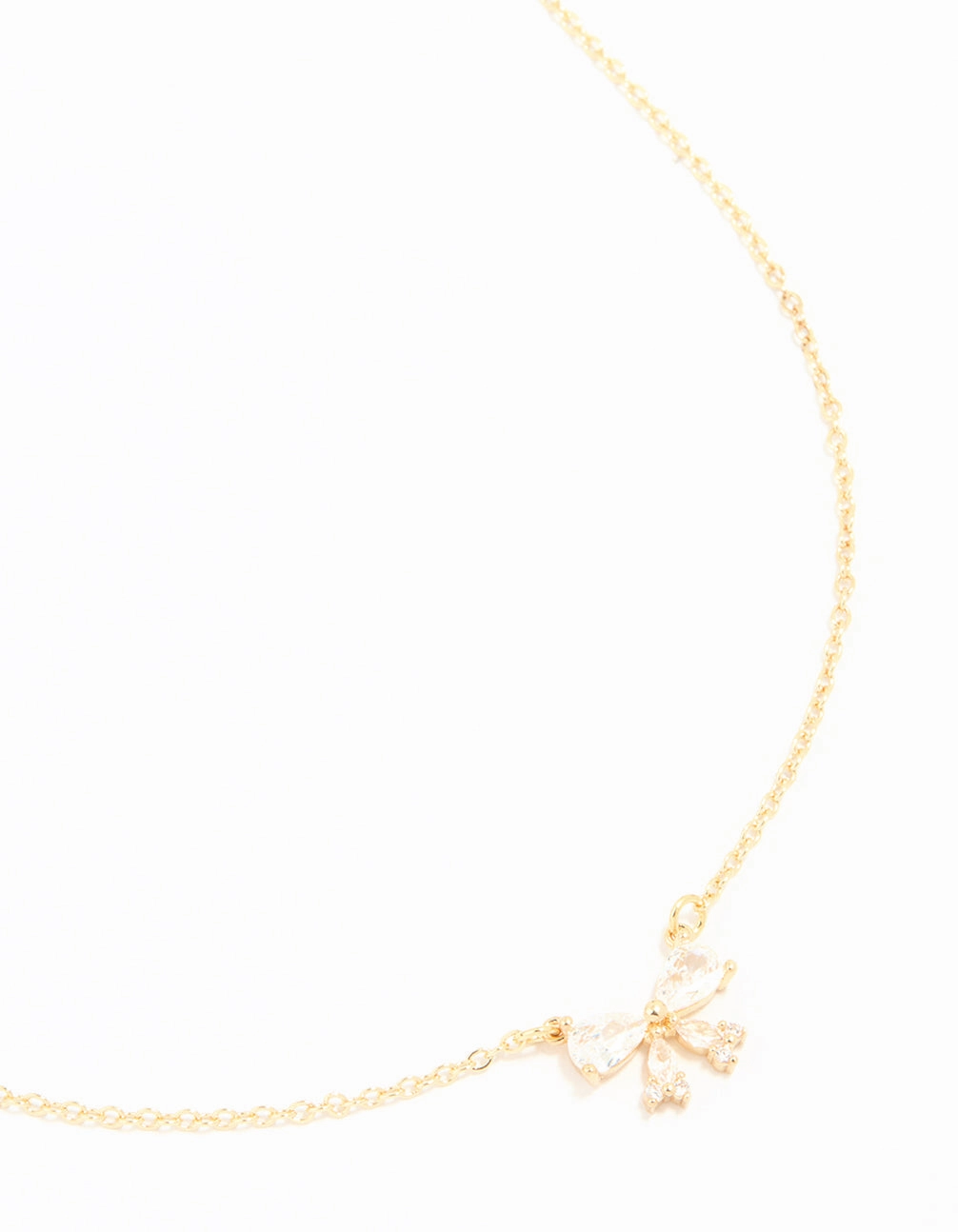Gold Plated Cubic Zirconia Small Bow Pendant Necklace Gloss Edge