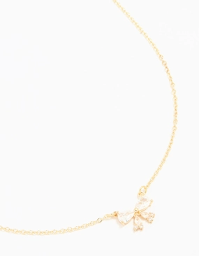 Gold Plated Cubic Zirconia Small Bow Pendant Necklace Gloss Edge