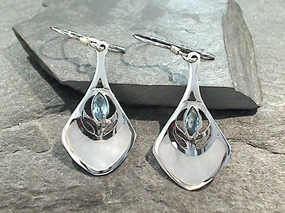 Fresh Form Ornate Design Blue Topaz, Mother Of Pearl, Sterling Silver Earrings