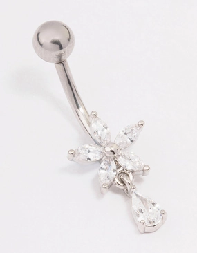Surgical Steel Cubic Zirconia Flower Pear Belly Ring Dainty Design Soft Contrast