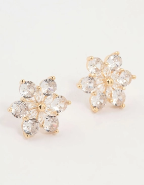Gleaming Detail Subtle Beauty Gold Plated Cubic Zirconia Flower Stud Earrings