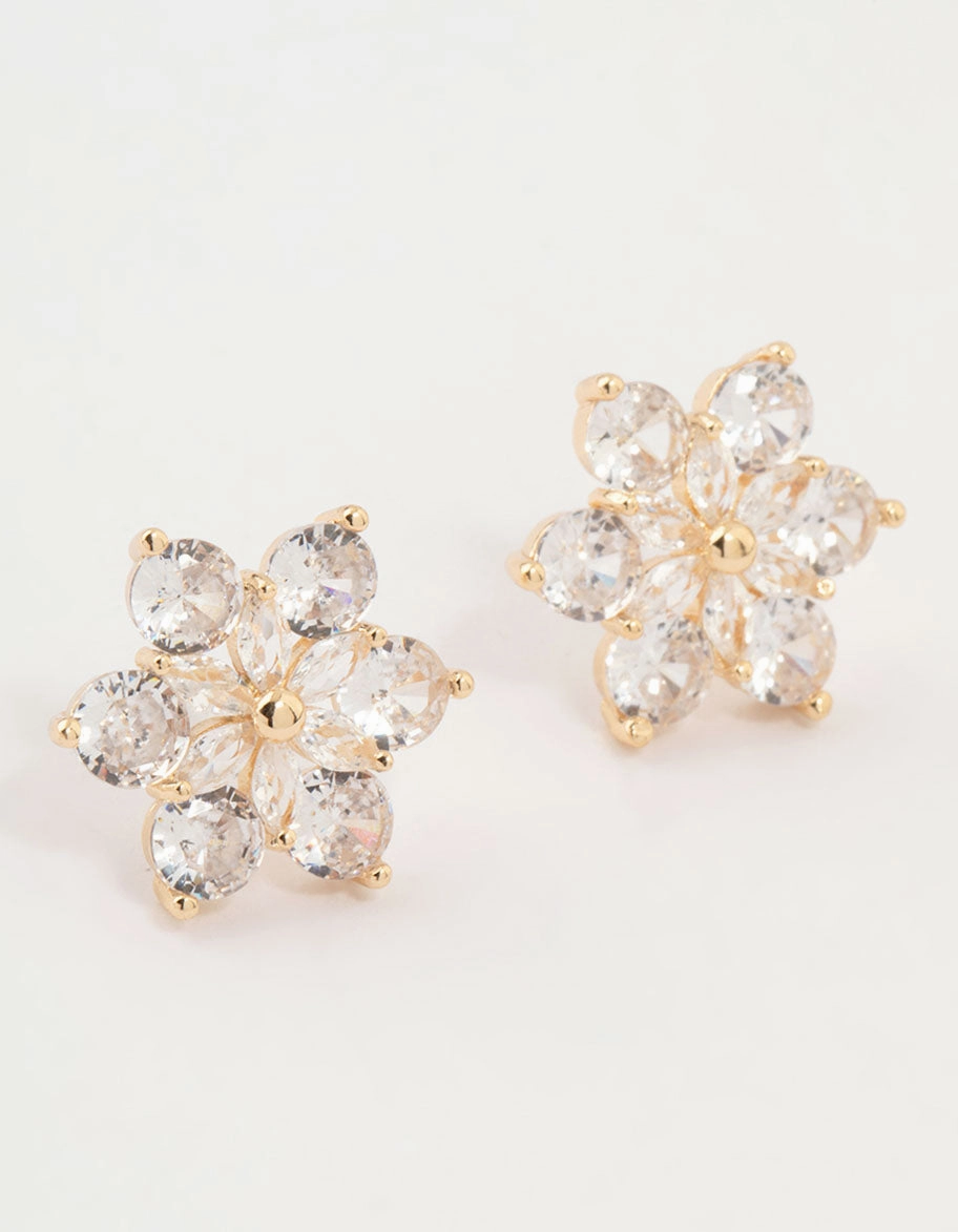 Gleaming Detail Subtle Beauty Gold Plated Cubic Zirconia Flower Stud Earrings