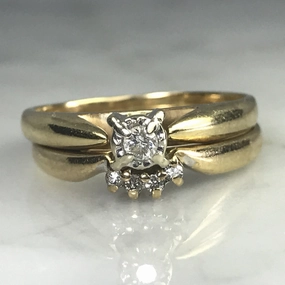 Season Match Polished Jewelry Vintage Diamond Bridal Set with Engagement Ring and Wedding Band.
