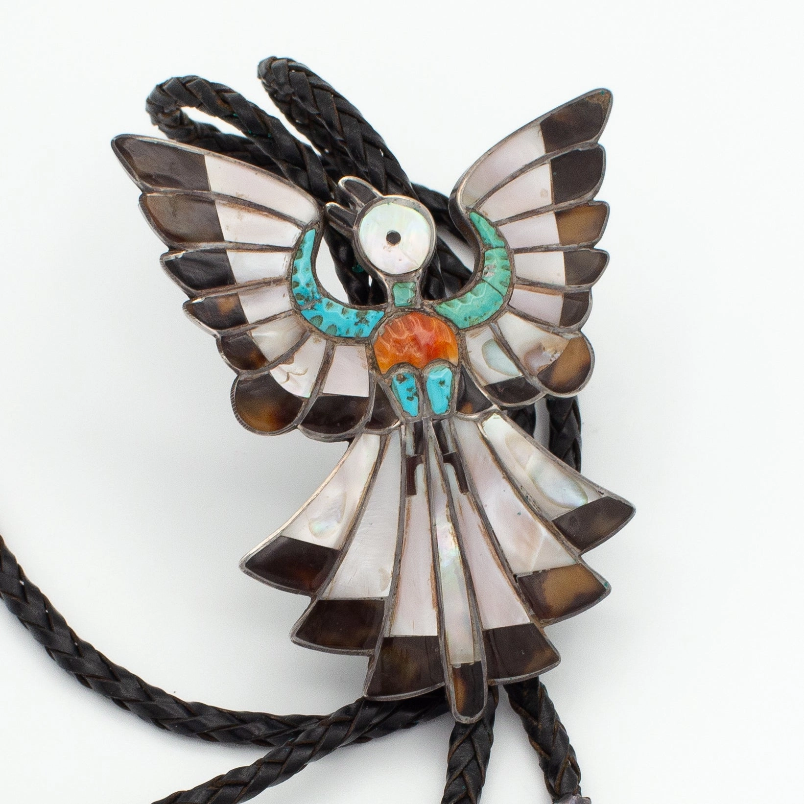 Dixon Shebala Zuni Handmade Sterling Silver Multi-Inlay Bolo Tie Mirror Selfie Muted Elegance