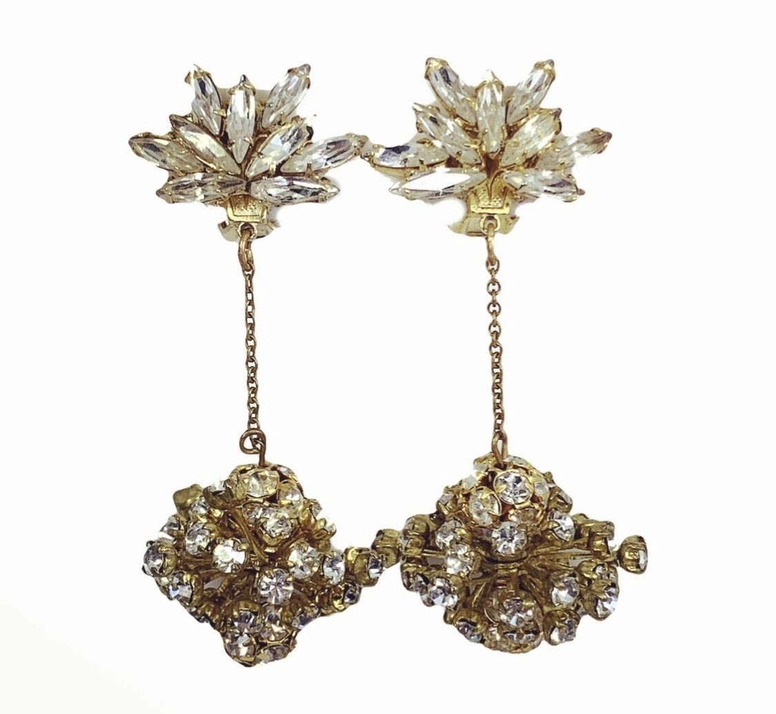Shining Craft Rhinestone Drop Earrings by Hattie Carnegie. Stunning Clip-on Earrings with Lots of  Sparkle.
