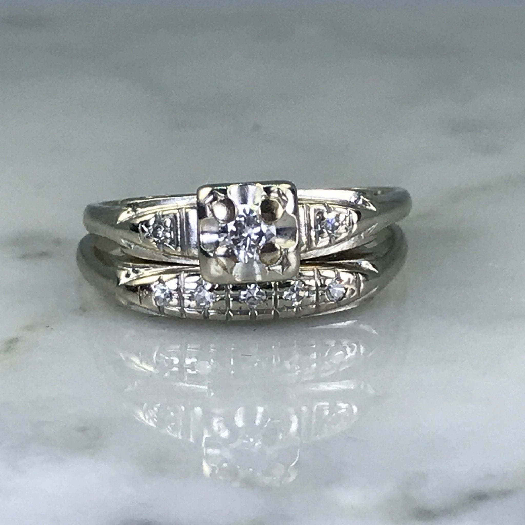 Luminous Sparkle Antique Diamond Bridal Set. Engagement Ring and Wedding Band. 14K White Gold. Size 6